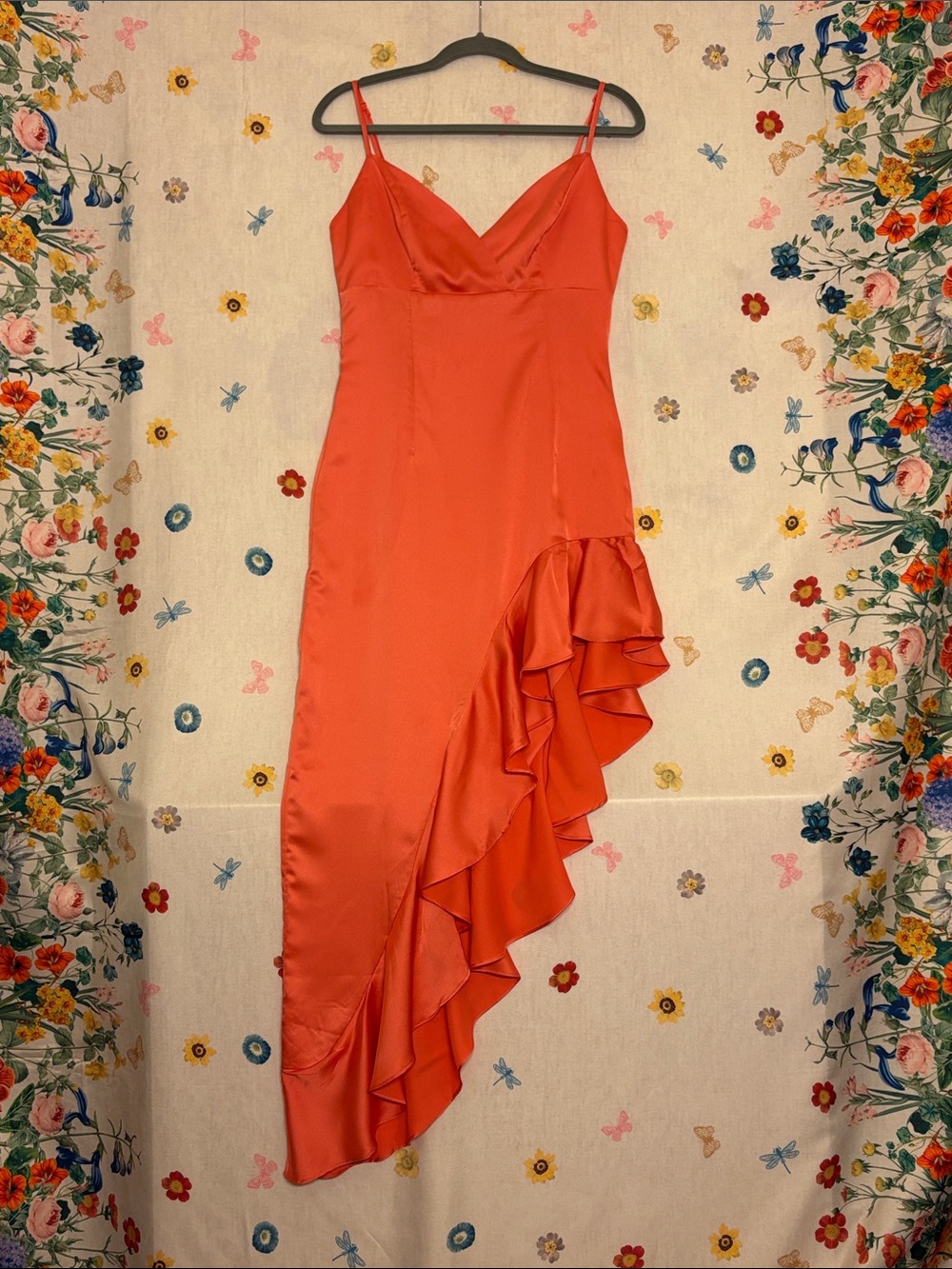 Klesis - Asymmetrical Satin Ruffle Slip Dress in Coral